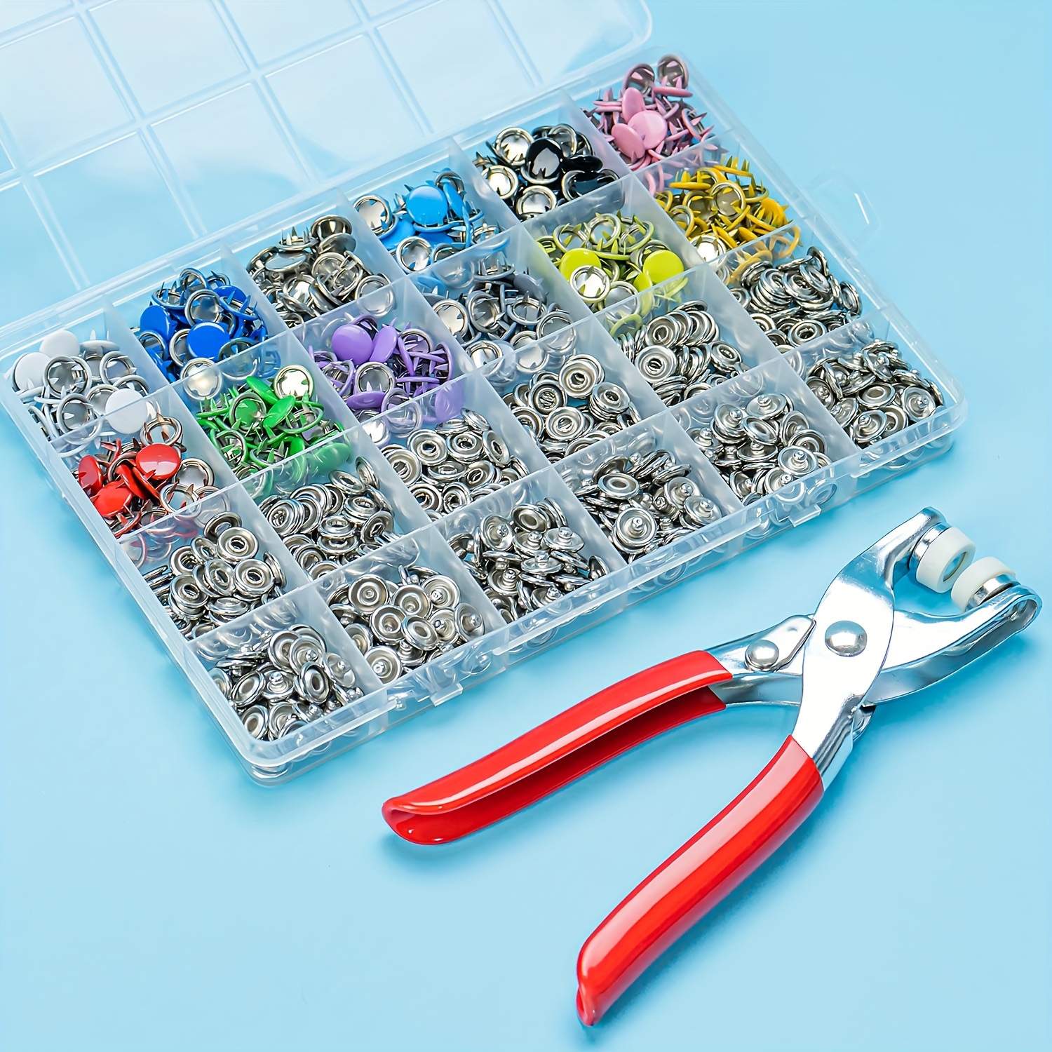 E-shop 960 Stk./240 Sets 9,5 mm Metall Druckknöpfe mit Befestigungs-Zangen Press-Set Werkzeug 12 Farben, Metall Drucknägel für Leder Nieten, Strampler,
