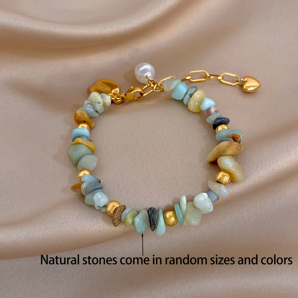 TEMU 1pc 18k Gold-plated Bohemian Stone Bead Heart-shaped Pendant Stainless Steel Bracelet, Suitable For Men And Women To Wear On Daily Vacations