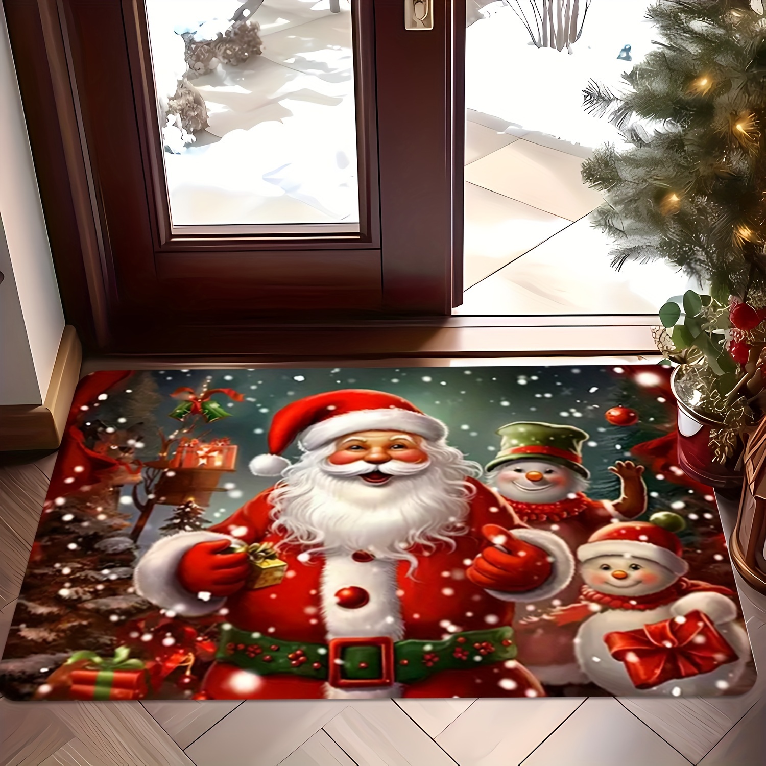 

1pc Christmas Theme Mat Santa And - , , Stain , Washable, Rectangular Knitted Mat For , Bedroom, Kitchen, , And Entrance - Flannel, Foam, Backing