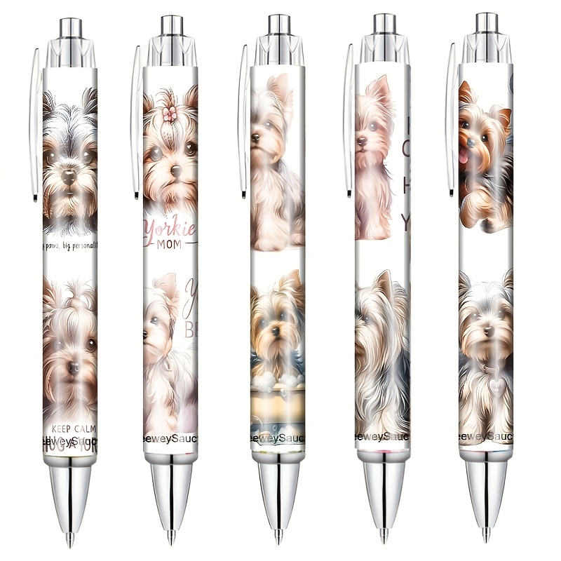 Image of 5pcs Of Cute Yorkshire-themed Design Elements, Stylish With High Aesthetic , Retractable Ballpoint Ballpoint Pens For Back-to-, Designed For Students And Teachers
