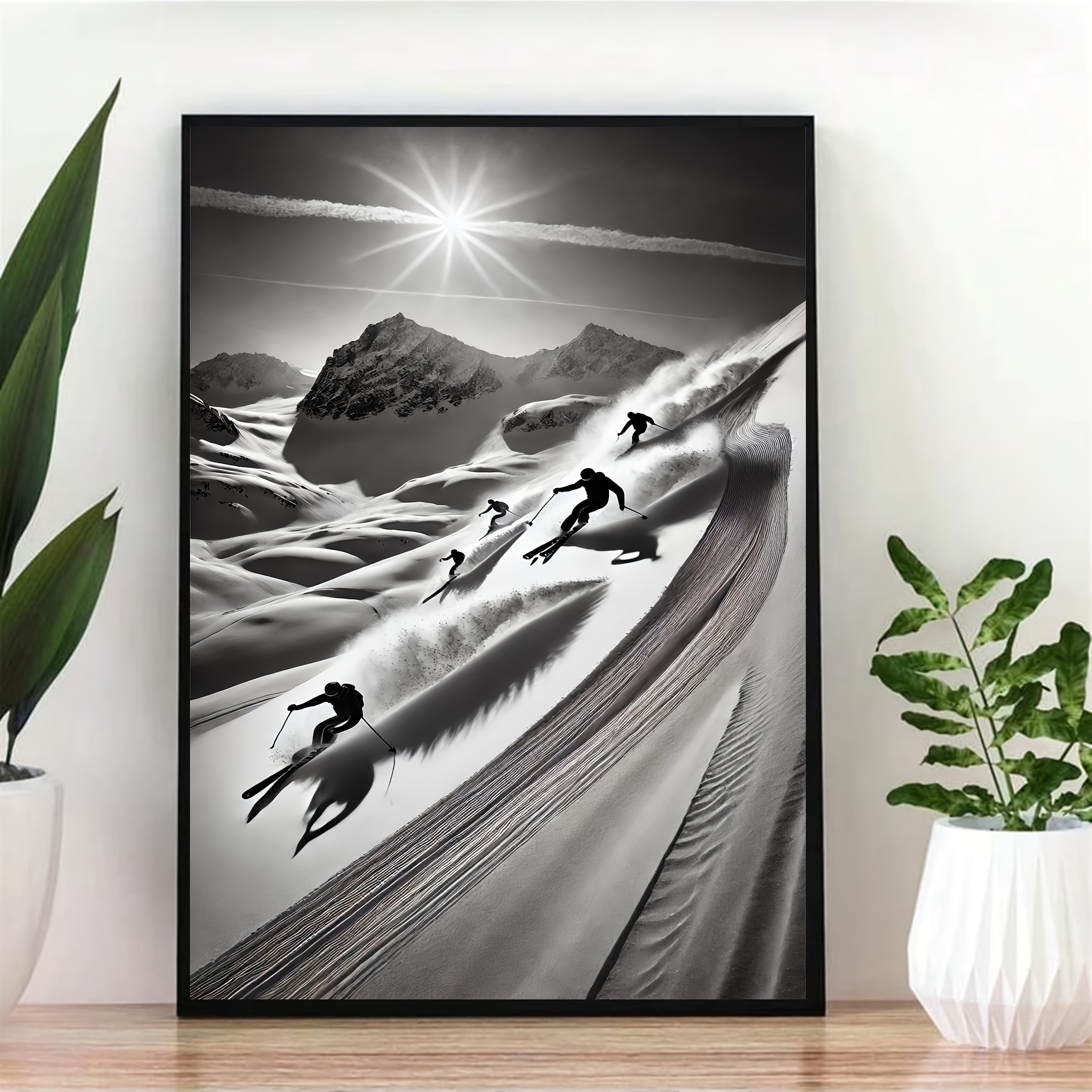 TEMU 1pièce Skiing Impression sur toile - Décoration murale de montagne moderne cadre, Affiche de sports avec skieurs et pics enneigés, Idéal pour