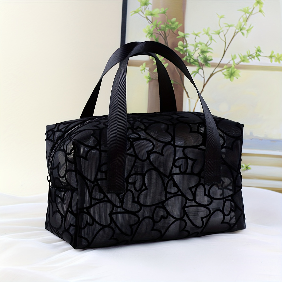 Image of Women's Black Breathable Mesh Makeup Bag With Heart Cutouts & Dual Handle - Travel Toiletry Organizer Cosmetic Case, Portable For Daily Use, Gym, Beach - Stylish Gift Idea For Her