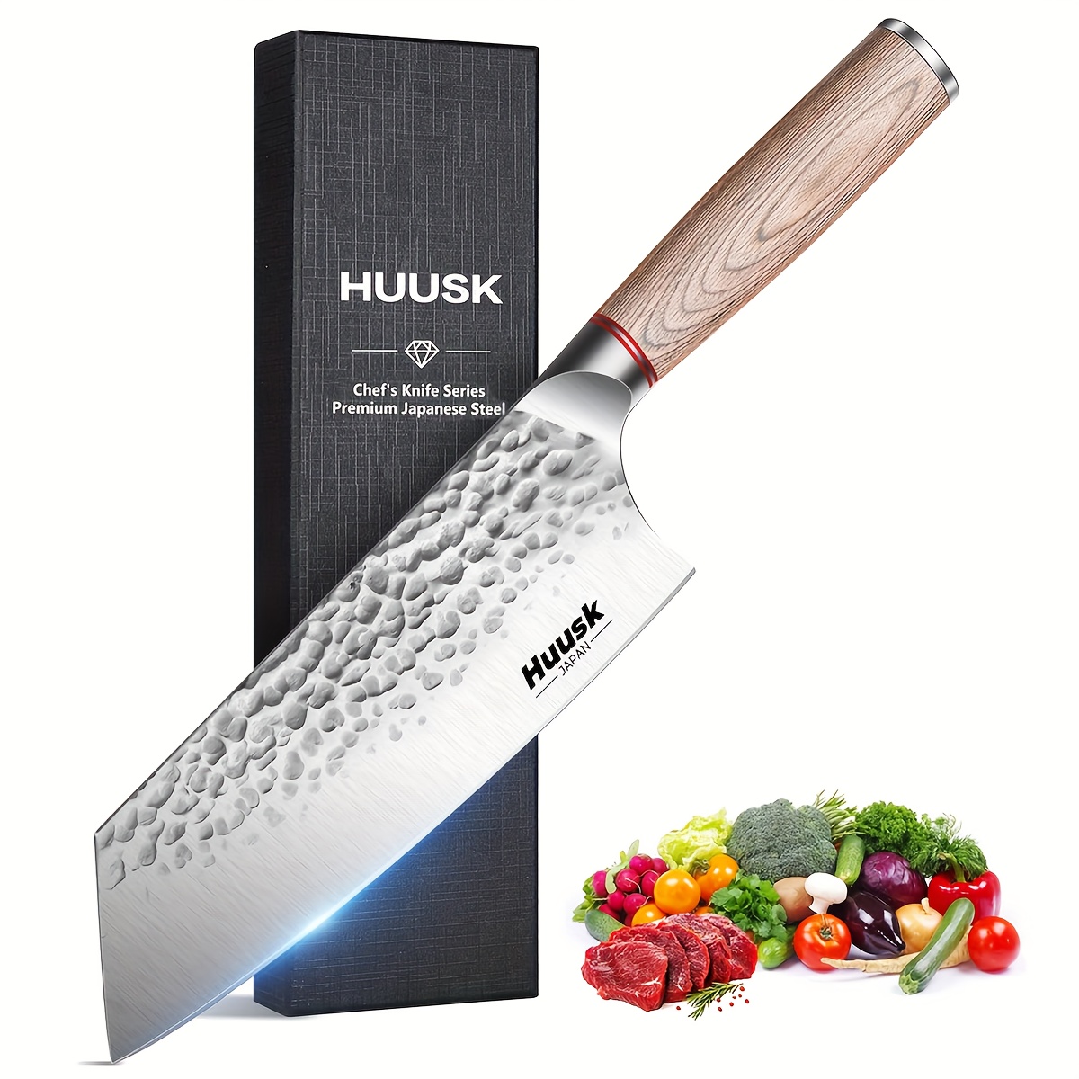 

Huusk Kitchen Knives, 7.7-inch Japanese Cleaver Knife Professional High Carbon Steel Butcher Knife For Vegetable Meat Cleavers With Wood Handle For Family Restaurant With Gift Box