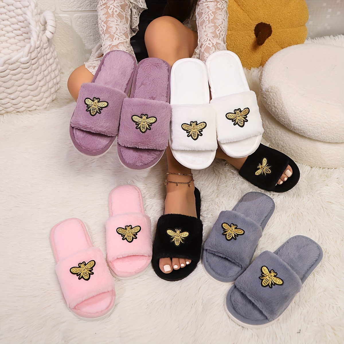 

1 Pair Cozy Cartoon Bee Pattern Plush Slippers, Casual Open Toe Soft Sole Comfortable Lightweight Indoor Footwear For Living Room And Bedroom, Fabric Upper With Eva Sole, House Slippers