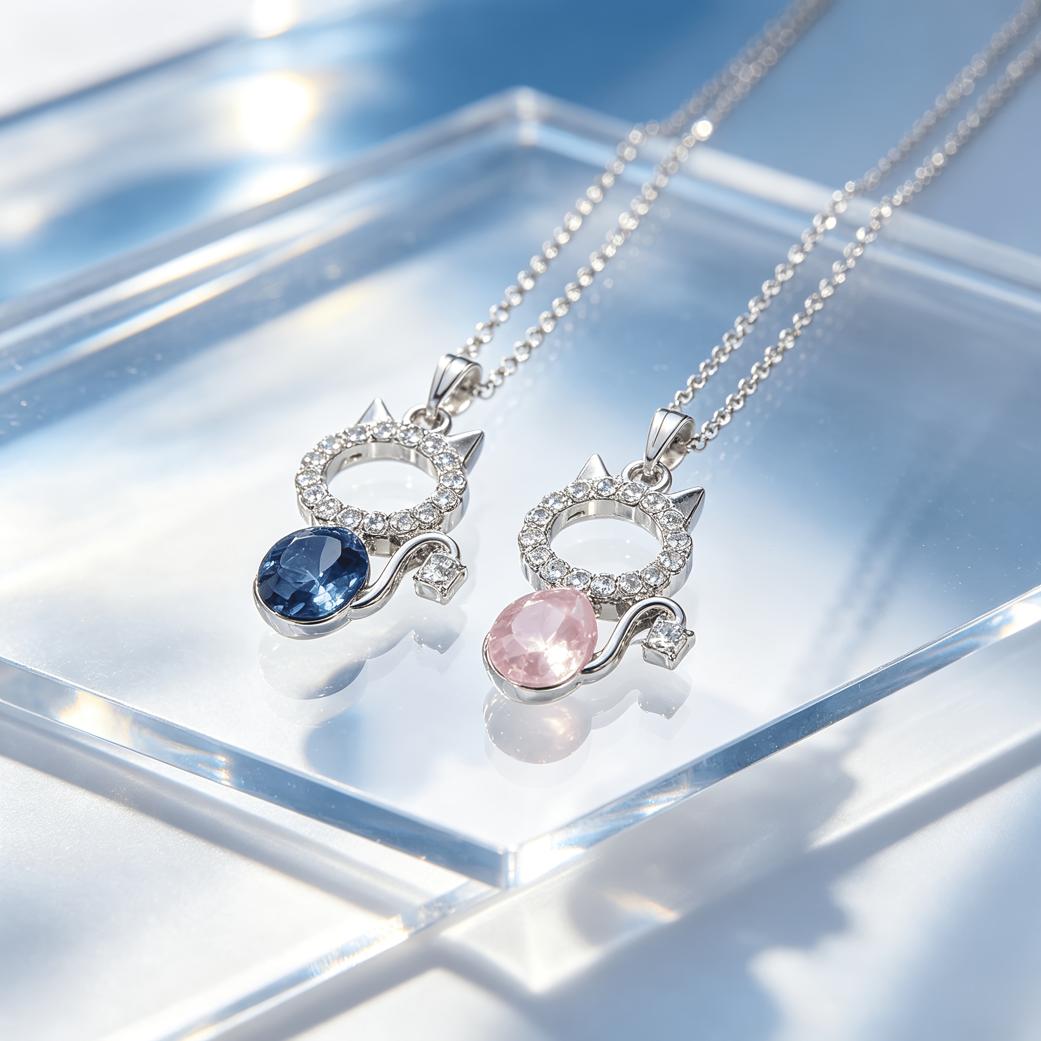Women's Sparkling Cat Gemstone Round Pendant Necklace, Unique Design