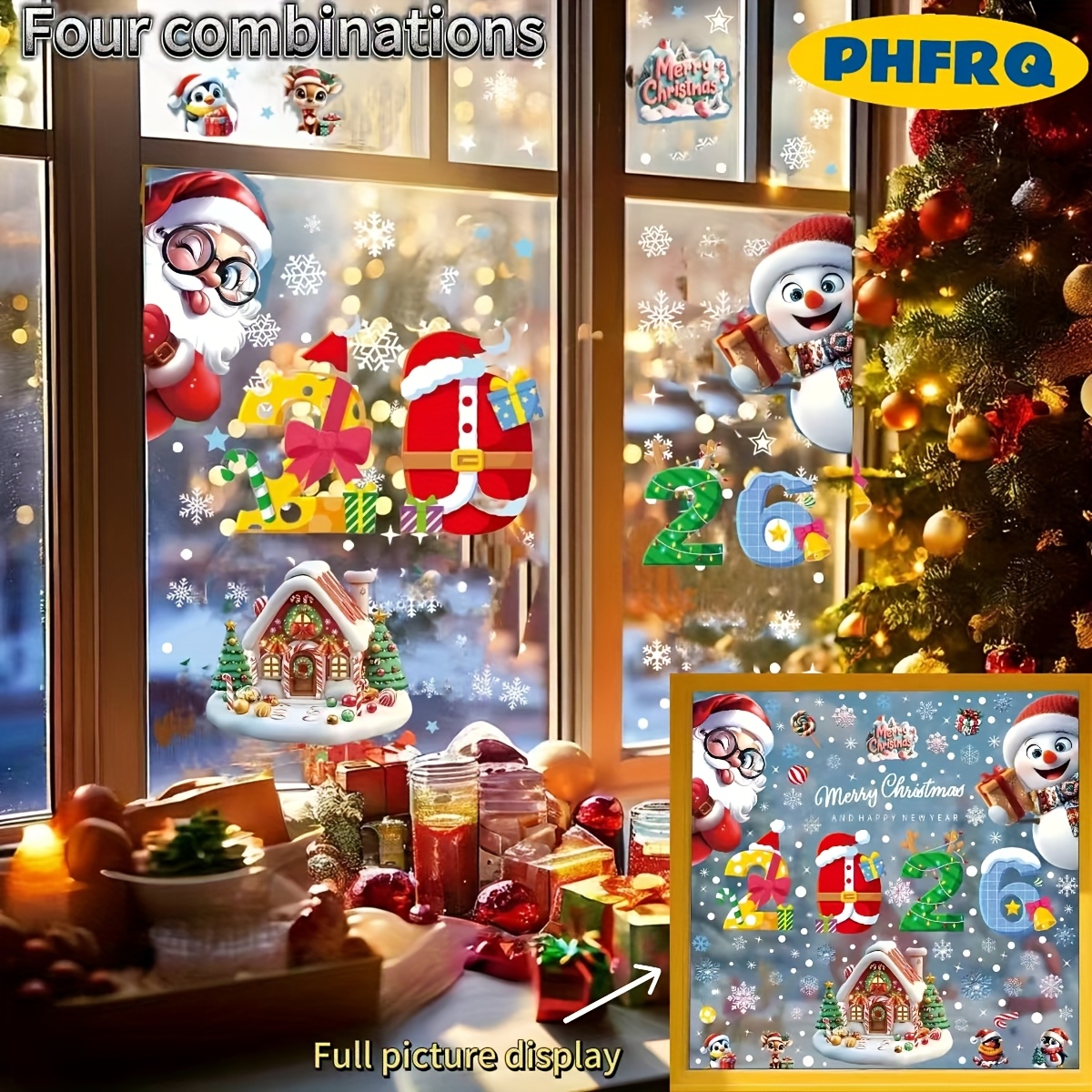 PHFRQ - Vier Sets van Kerststickers, Geschikt voor Keuken, Woonkamer, Slaapkamer, Eetkamer, Studeerkamer, Badkamer, Deur en Raam Feestdagen Decoraties