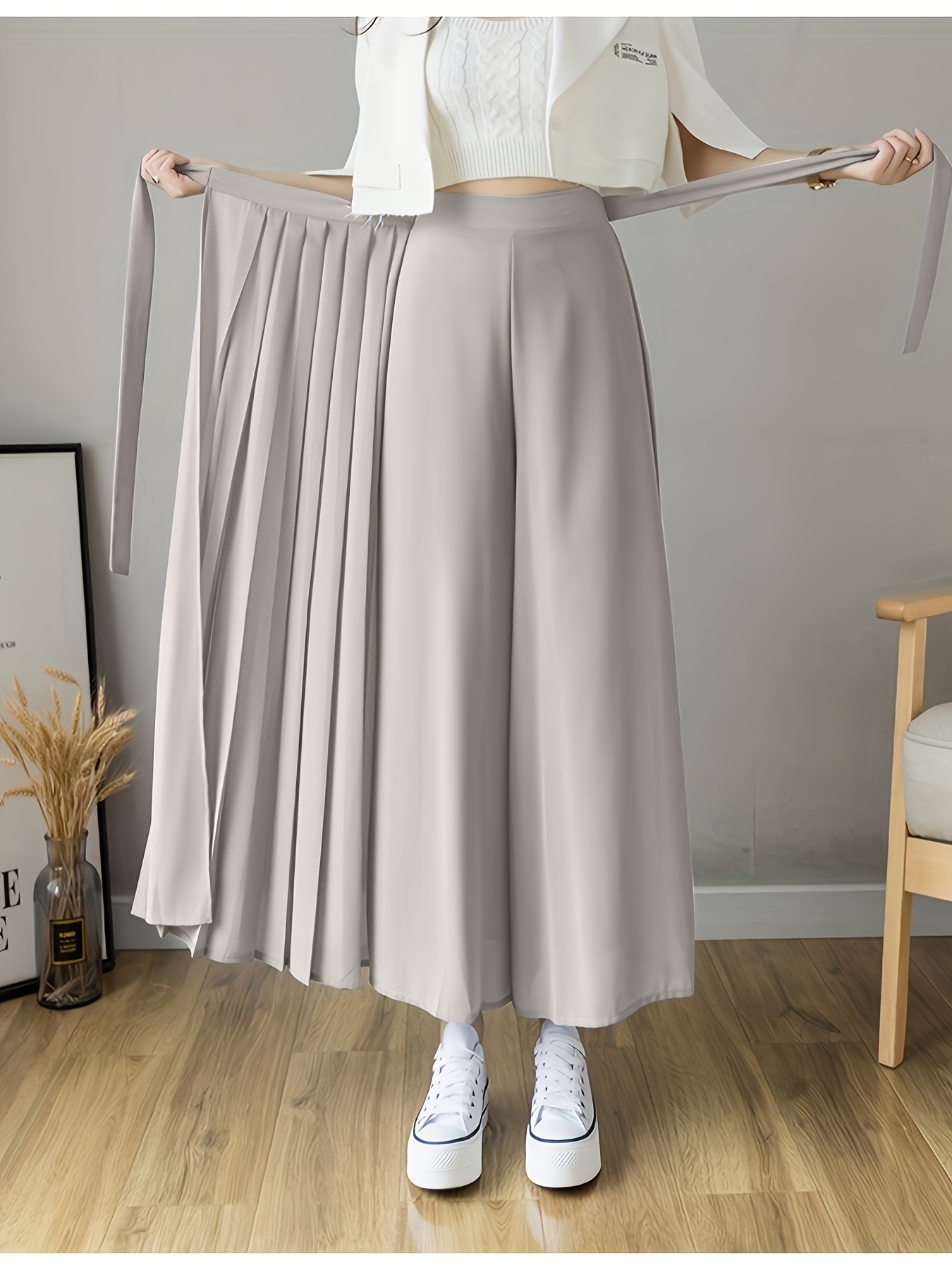 Calças Femininas de Perna Larga Tecido Estruturado Não Elástico,  Elegantes para Escritório ou Festa, Looks Diários e */Verão, Design