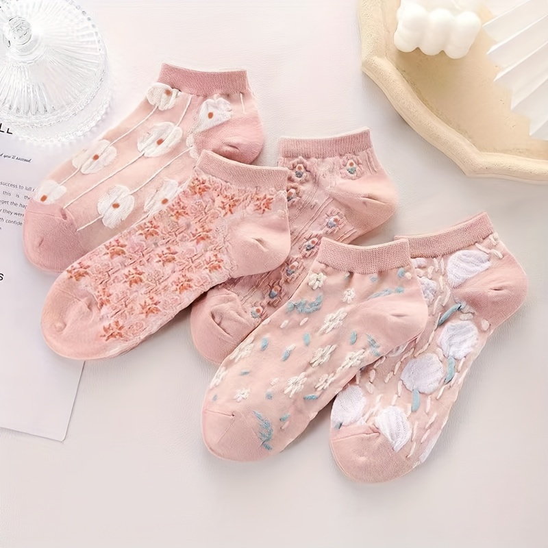 5 Pairs Women's Floral Print Ankle Socks - Pink Low-Cut No-Show Spring/Autumn Socks with Delicate Flower Patterns, Breathable & Durable for Casual & Formal Wear, Seasonal Wear Socks, Durable Socks