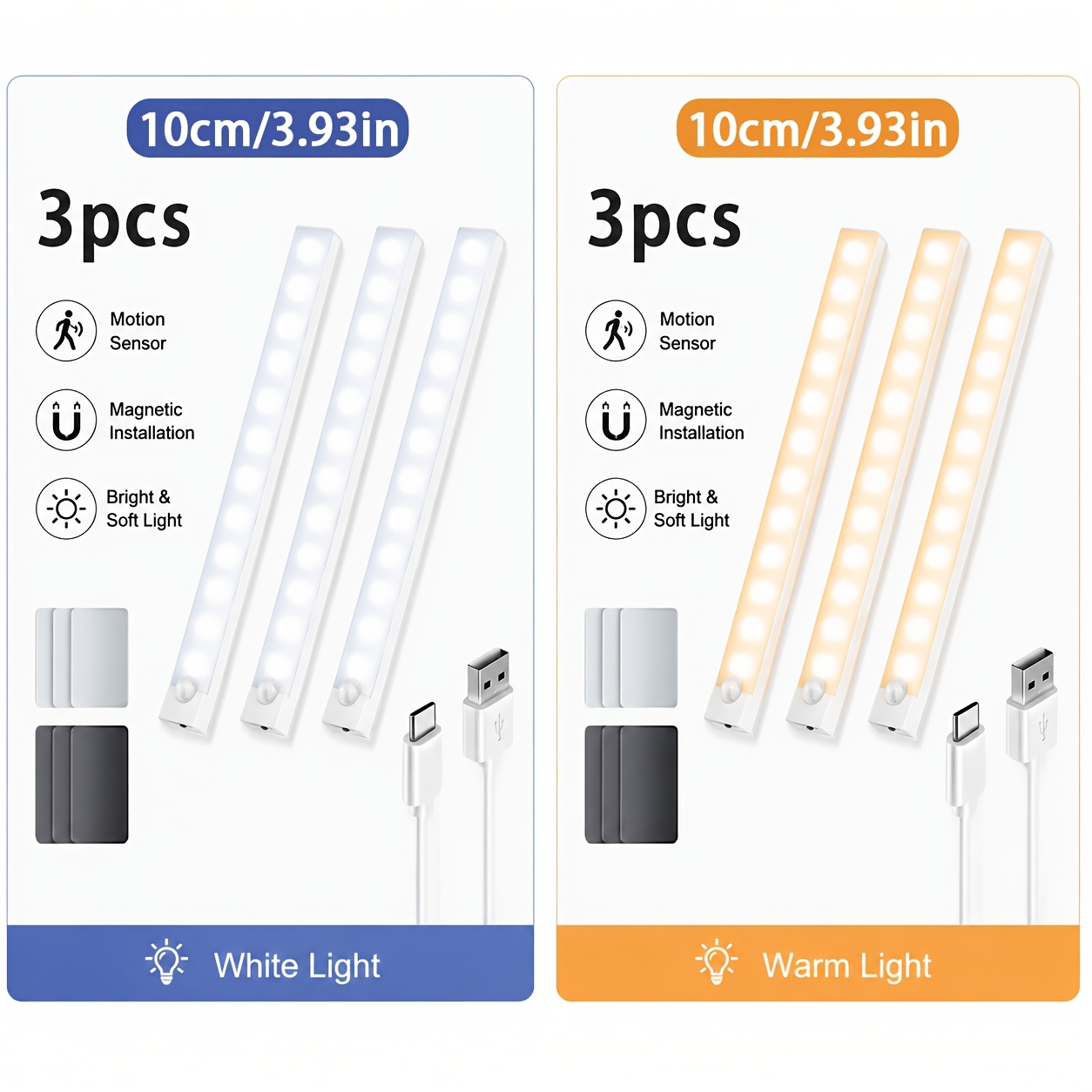 TEMU [Набір 3 шт.] 25 см/35 см/60 см LED світильник з датчиком руху | USB світильник для шафи, /теплий нічний світильник для стільниць, шаф, кухонь,