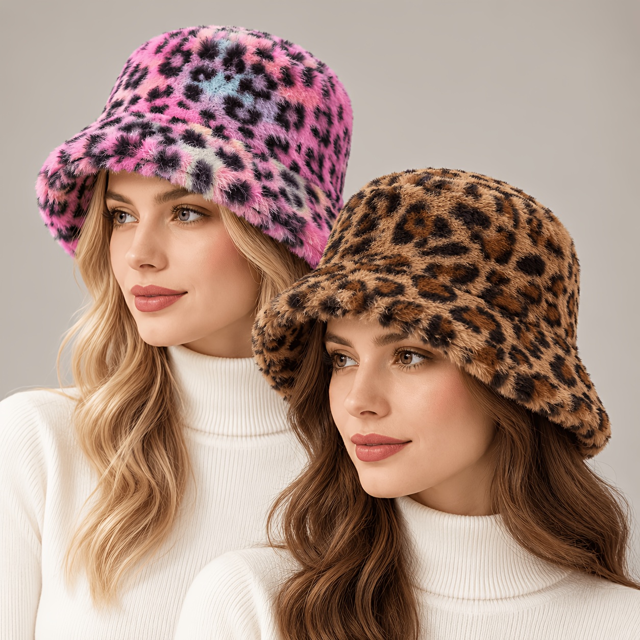 TEMU 2pcs Women's Leopard Print Bucket Hats, Soft And Warm For Winter, Lightweight And Cozy With A Leopard Pattern, Perfect For Street Fashion,