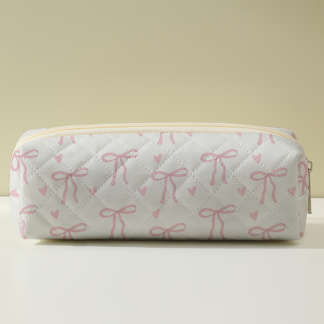 2d Printed Pen Case With Ribbon Bow Pattern, Large-capacity Stationery Bag With Diamond-quilted Pattern, Portable And Practical Small Items For Stationery Storage