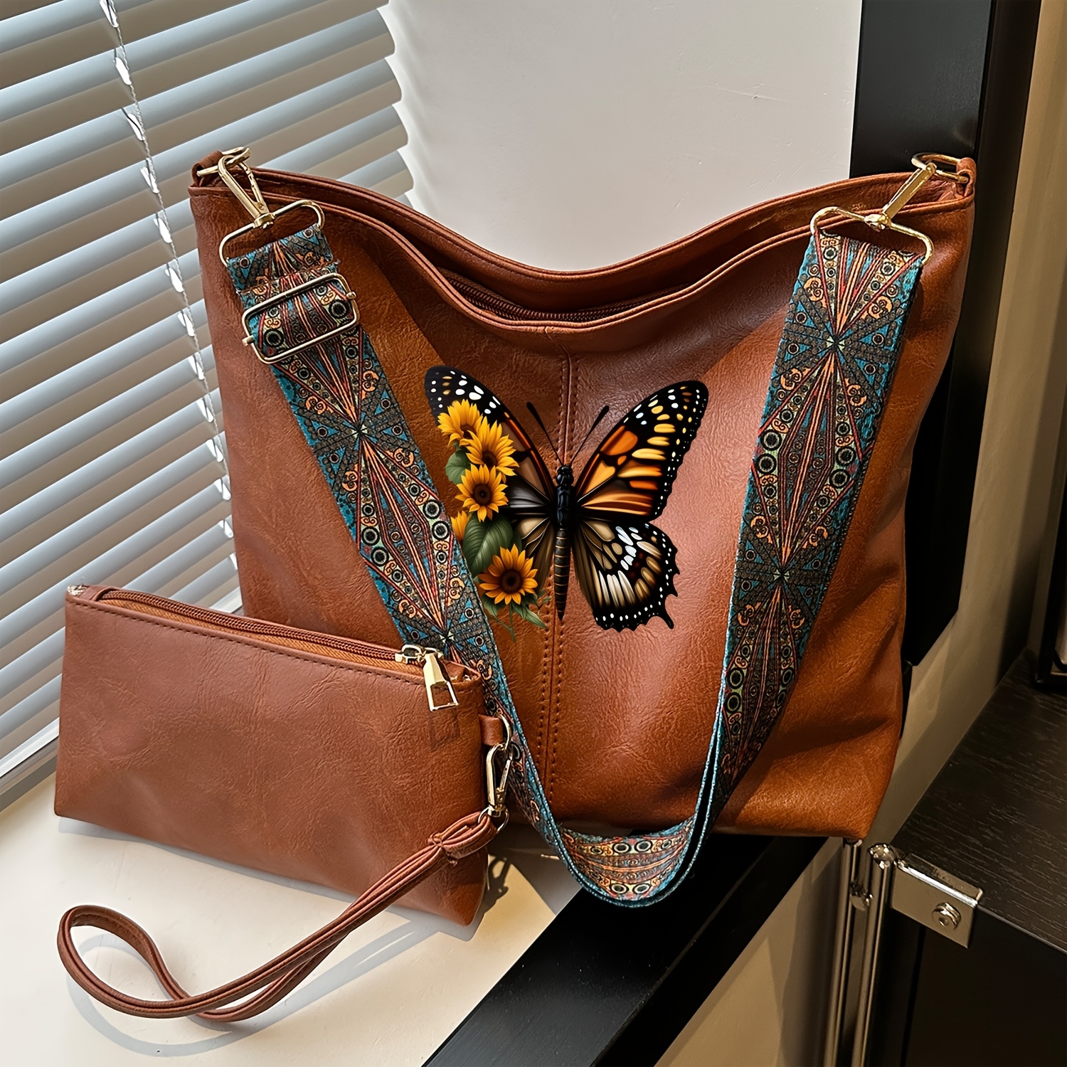 TEMU Wide Strap, Large Capacity Tote Bag Daughter Bag, Shoulder Body Bag, Underarm Bag, Coin Purse, Casual Versatile, Decorated With And Sunflower
