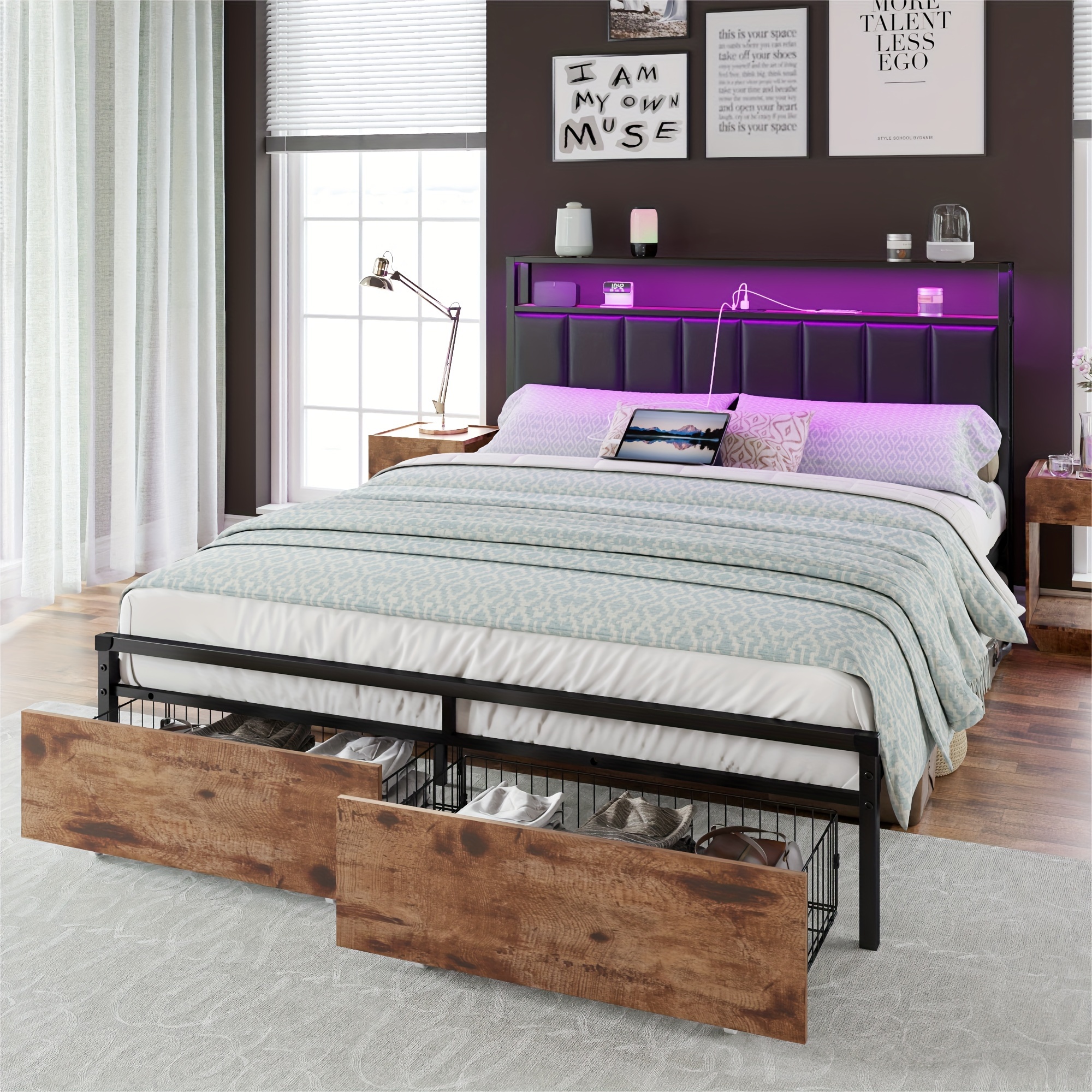 

Papajet Led Bed Frame With 2-tier Storage, Leather Upholstered Headboard, And Built-in Charging Station, Easy Assembly, No Box Spring Required