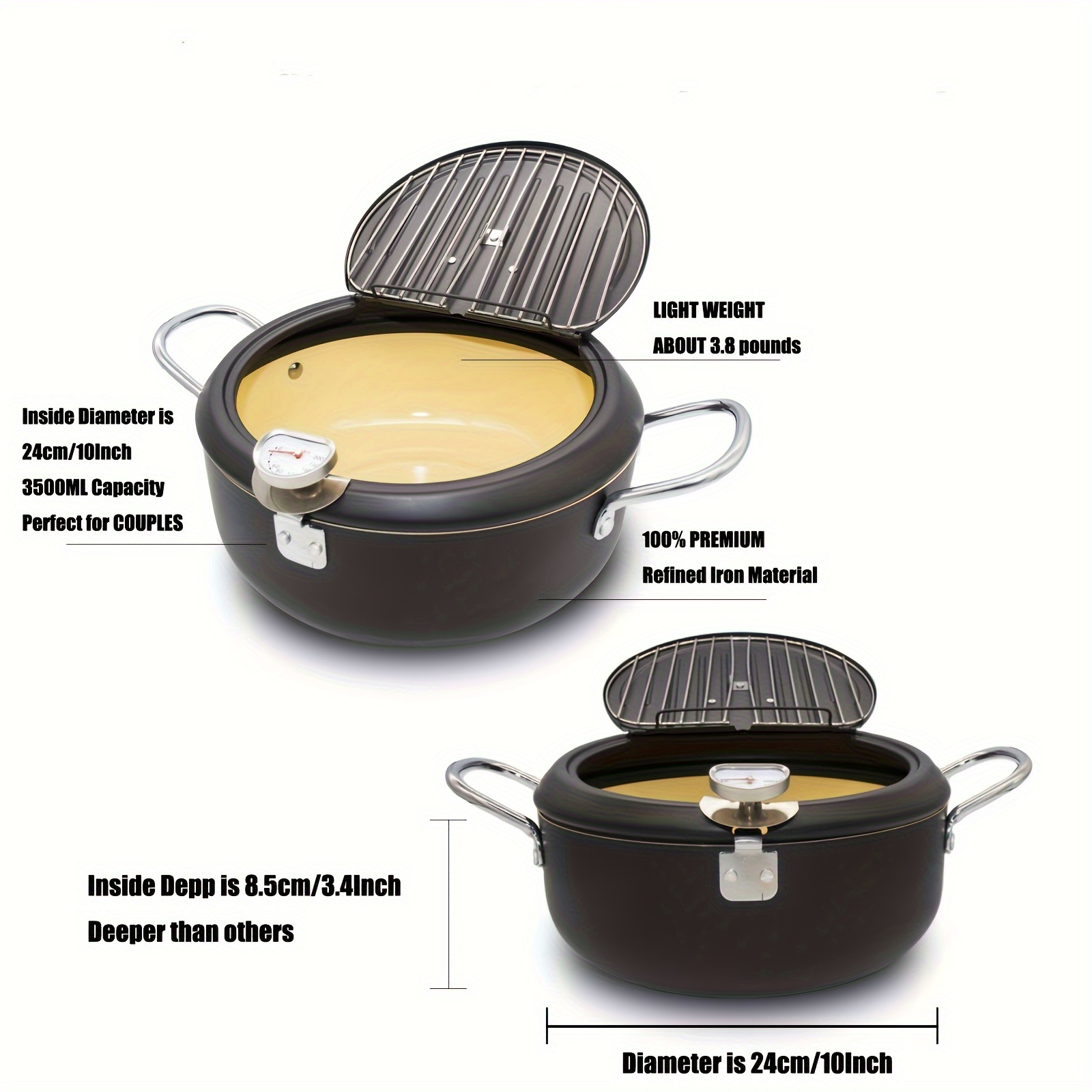 TEMU Cyrder Japanese Deep Fryer Pot With Thermometer 2.3l/3.5l, - Nonstick Coating, Frying /chicken/fish/shrimp/meat Ball, Easy , Black 8inch/10inch Pot