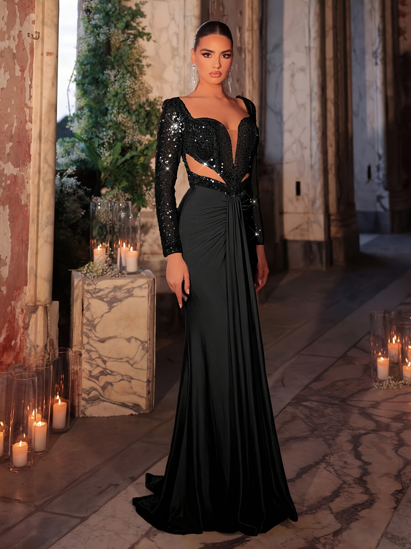 chinese dress ladies Ladivine CD233C Long Sleeve Shimmering A Line Dress, Silver / 22