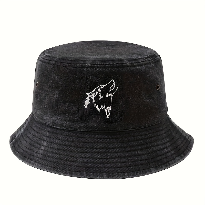 TEMU An Embroidered Fisherman Hat With Wolf Head Embroidery, Flat-topped, Soft, Vintage-washed, High-quality Casual Hat