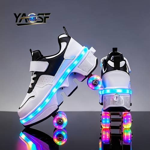 yaosf brand flow luminous skateboarding shoes roller skating shoes convertible luminous roller skating shoes walking shoes usb charging youth sports shoes durable and breathable birthday gifts