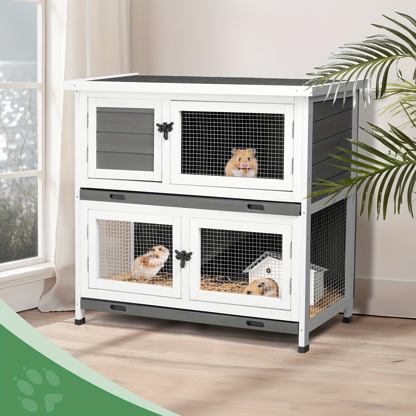 2 story solid wood rabbit hutch bunny cage with 2 large main rooms indoor outdoor rabbit house guinea pig cage pet house for small animals with 2 removable trays grey white