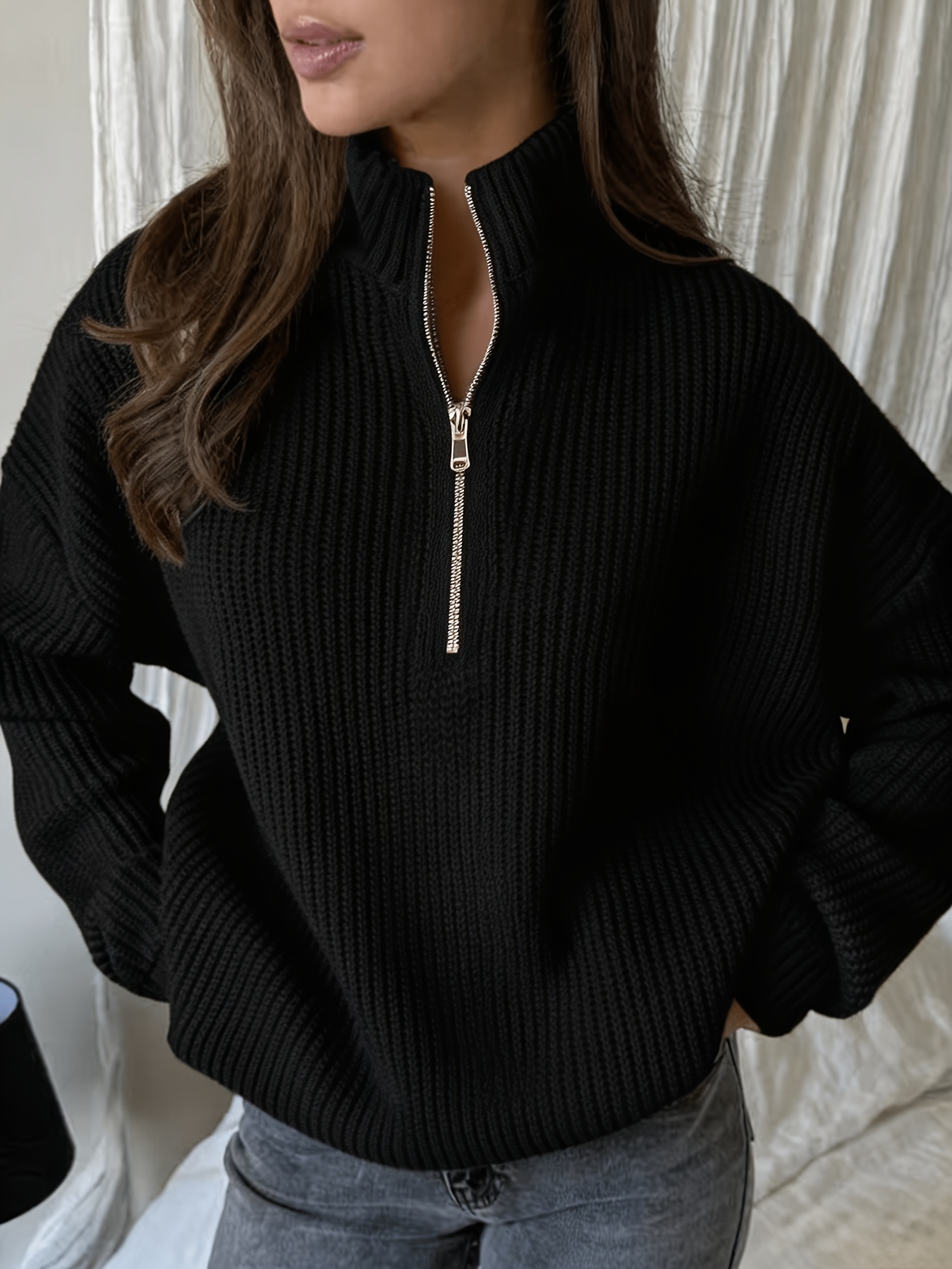 Women's Half-Zip Stand Collar Sweater, Loose Fit