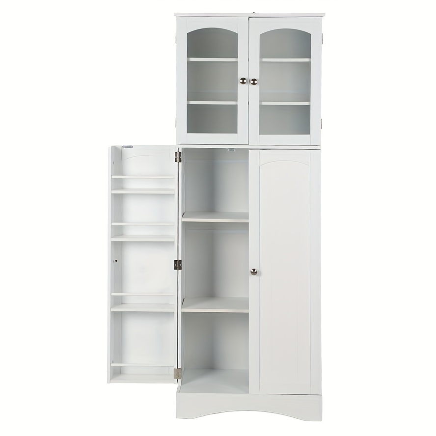 

Kitchen Pantry With Glass Doors White Pantry With 4 Doors And Shelves Freestanding Pantry For Kitchen, Dining Room And Living Room