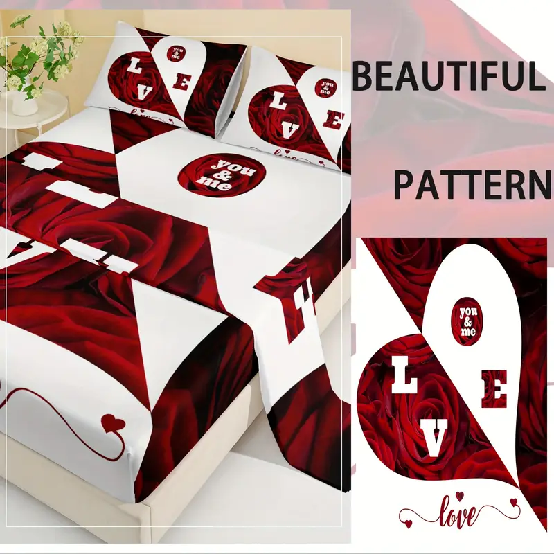 4pcs red and white roses sheet set heart shaped valentines day couples bedding with flat sheet duvet cover and 2 pillowcases breathable suitable for suitable for bedroom and hotel Product details 4