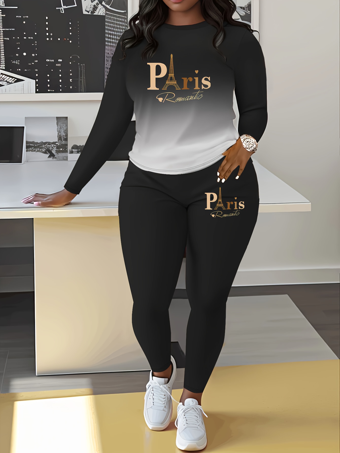 Gradient Paris Letter Print Casual Autumn And Winter Long Sleeve Round Neck Women'S Pants Two-Piece Set