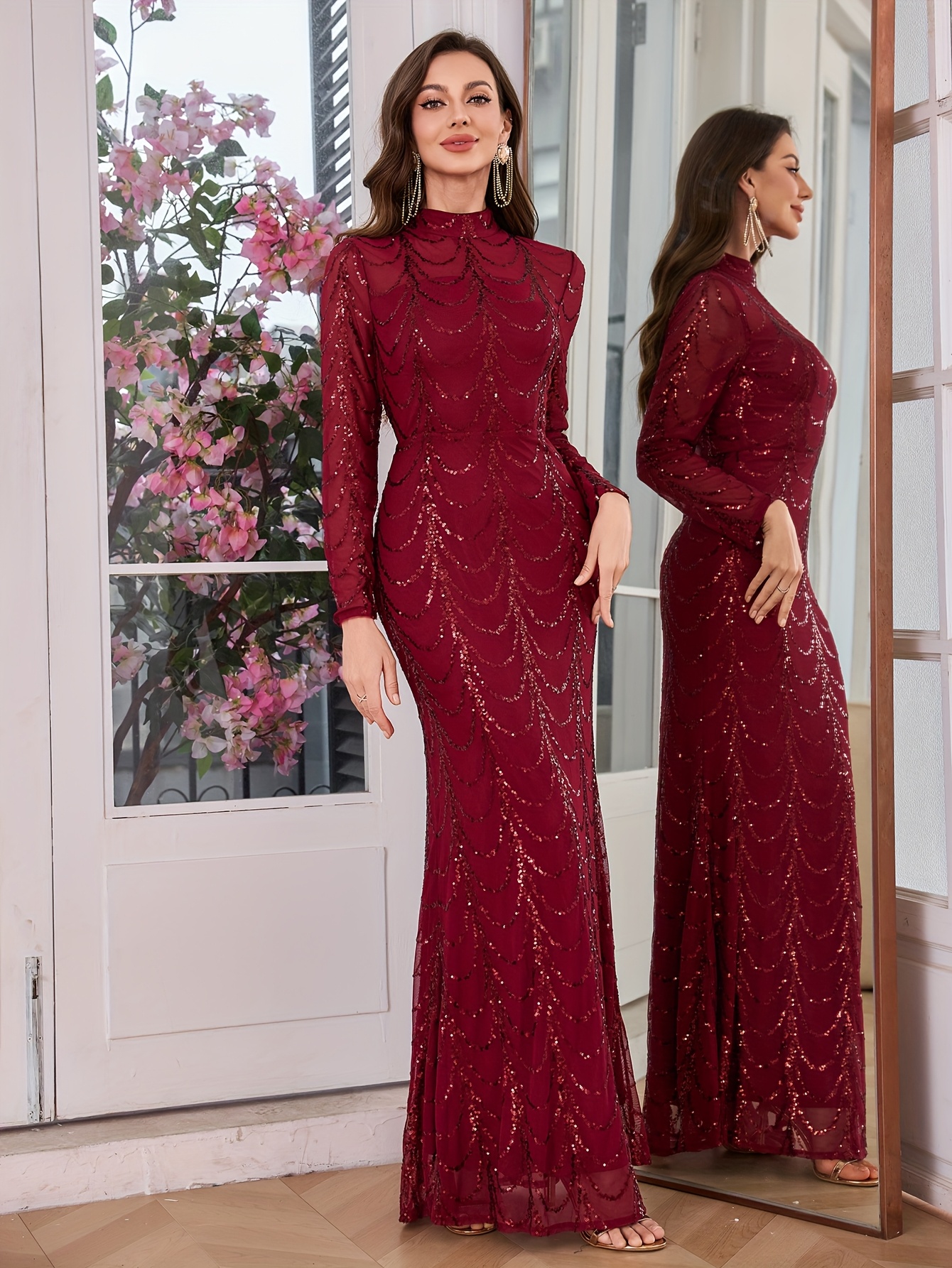 elegant wine red sequin long sleeved dress women round neck - Temu Bahrain
