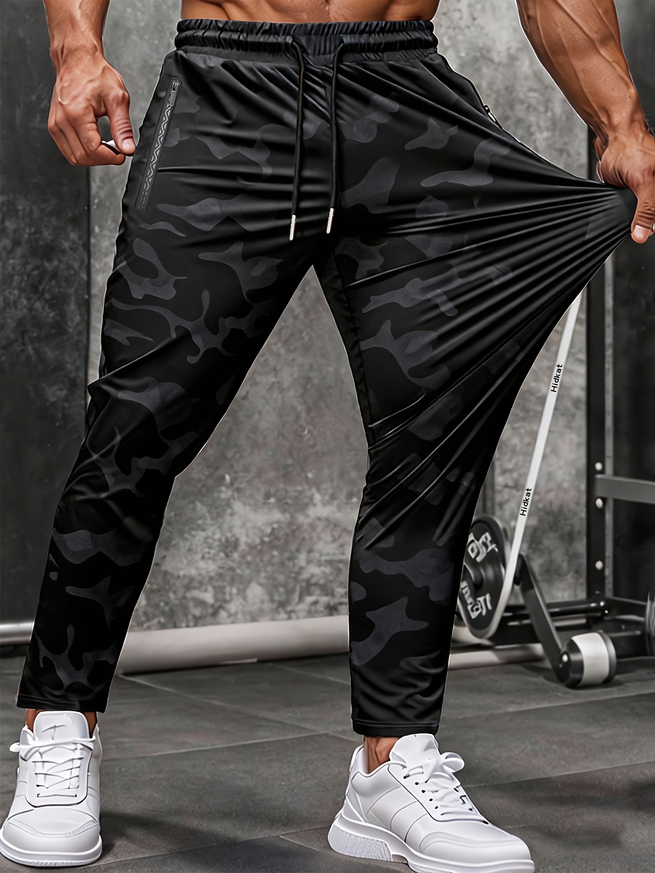 Men'S Stretch Camouflage Long Pants, Spring/Autumn Thin Breathable Outdoor Straight Athletic Trousers, Drawstring, Zipper Pocket Design, Suitable for Exercise, Jogging, Hiking, Etc