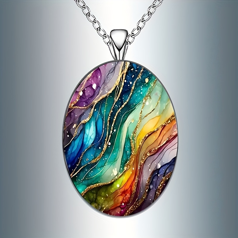 TEMU Vintage-inspired Ripple Oval Glass Pendant Necklace - White Golden Plated, Iron & Alloy, Perfect Gift For