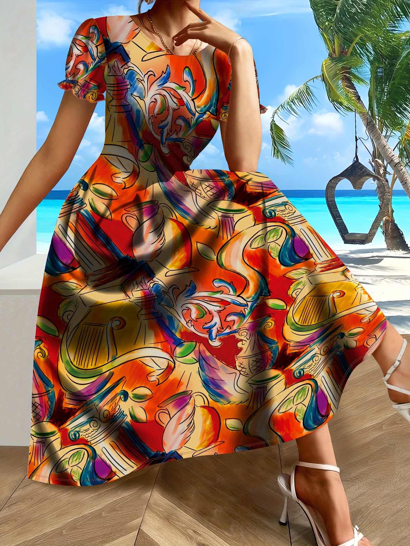 ladies vacation dress a seaside theme featuring roman column - Temu Bahrain