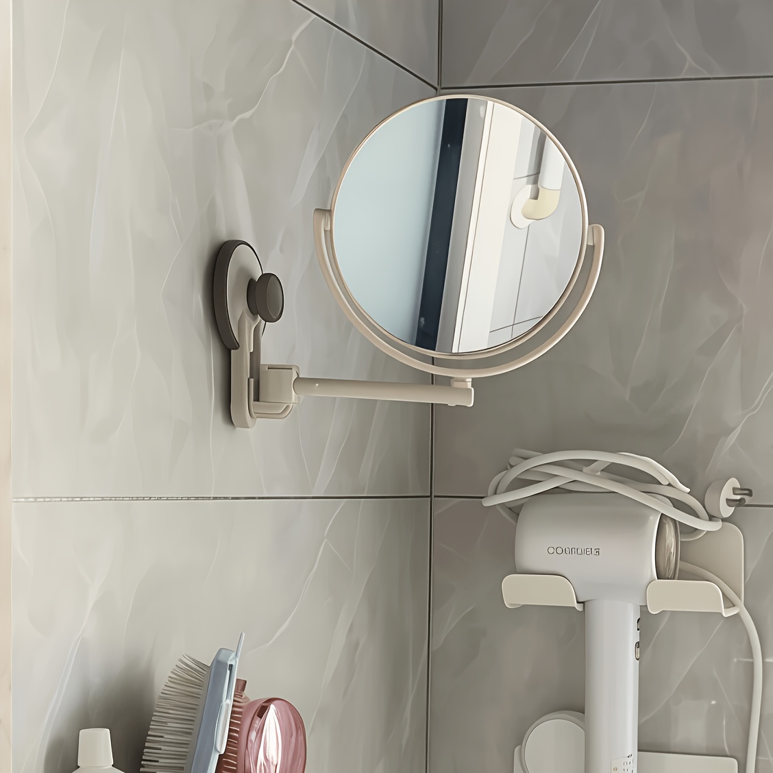 TEMU 1pc 1x/5x Magnifying Mirror Suitable For Bathroom, No Drill Suction Cup Wall-mounted Round Vanity Mirror With Rotation Base, & Plastic Frame,