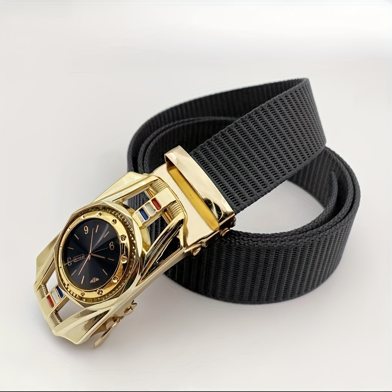 Men'S Casual Outdoor Belt with Watch Face Design - Golden Tone Alloy Buckle, Black Dial with Roman Numerals, Red Second Hand, and Date Display, Breathable Nylon Strap, Automatic Buckle, Casual Attire Accessory|Watch Face Design Belt|Durable Nylon Strap, Casual Belt