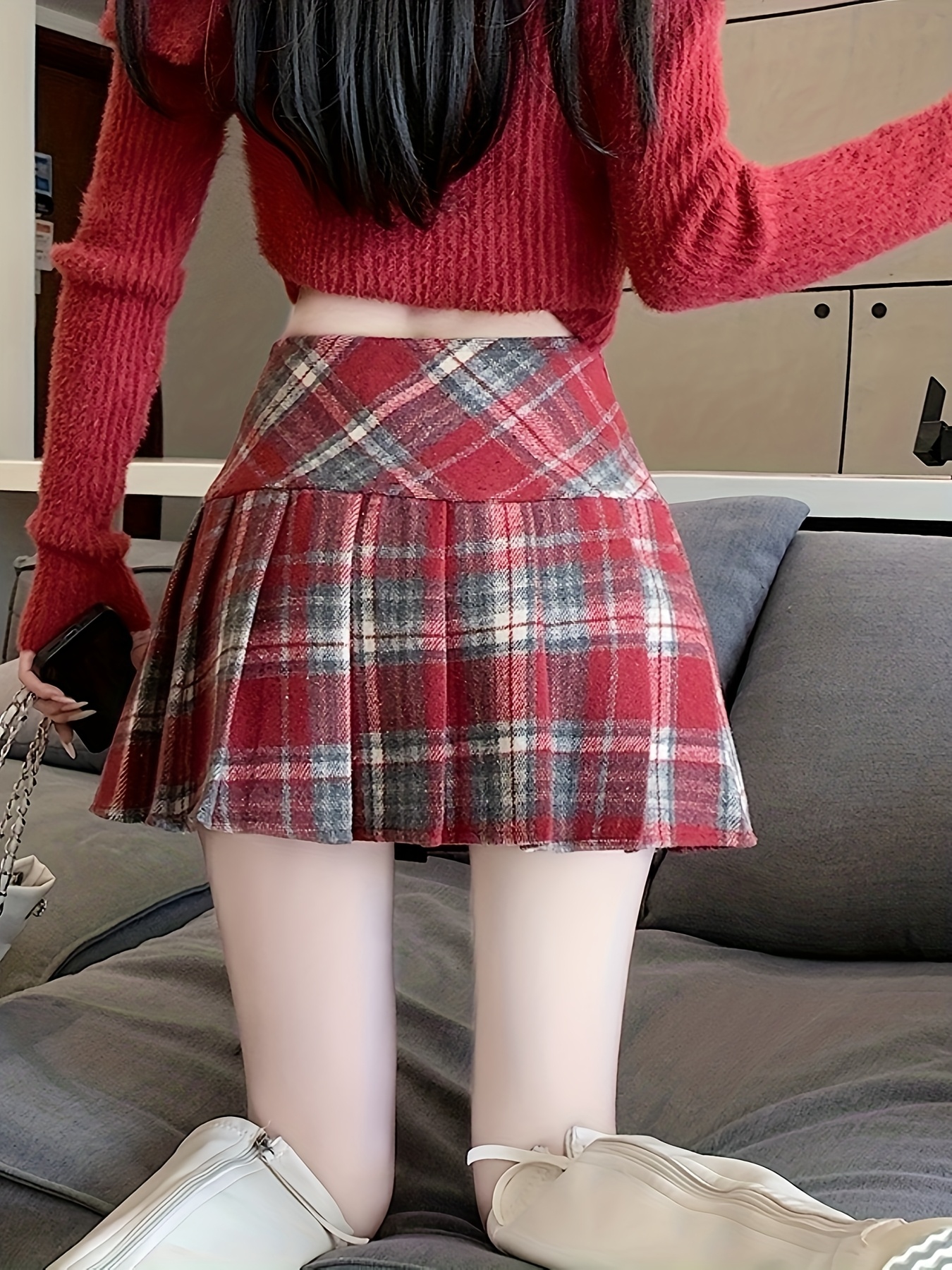 womens cute checkered pleated skirt red black a line Temu