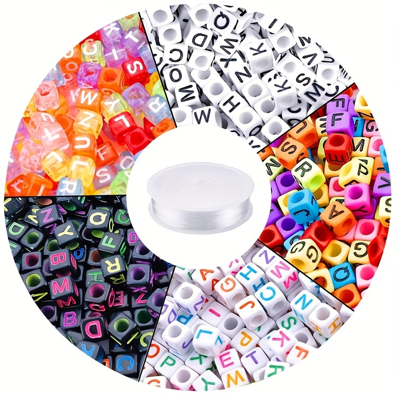 

1400/2400 Pcs 5-color Acrylic Letter Cube Beads With 1 Roll Of 10 Meter Crystal Rope For Jewelry Making