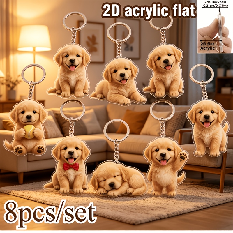 TEMU 2d Flat, 8pcs Set Of Adorable Golden Retriever Puppy Acrylic Keychain Charms, Including Bag Charms And Car Key Accessories, Totaling 8pcs, 2d