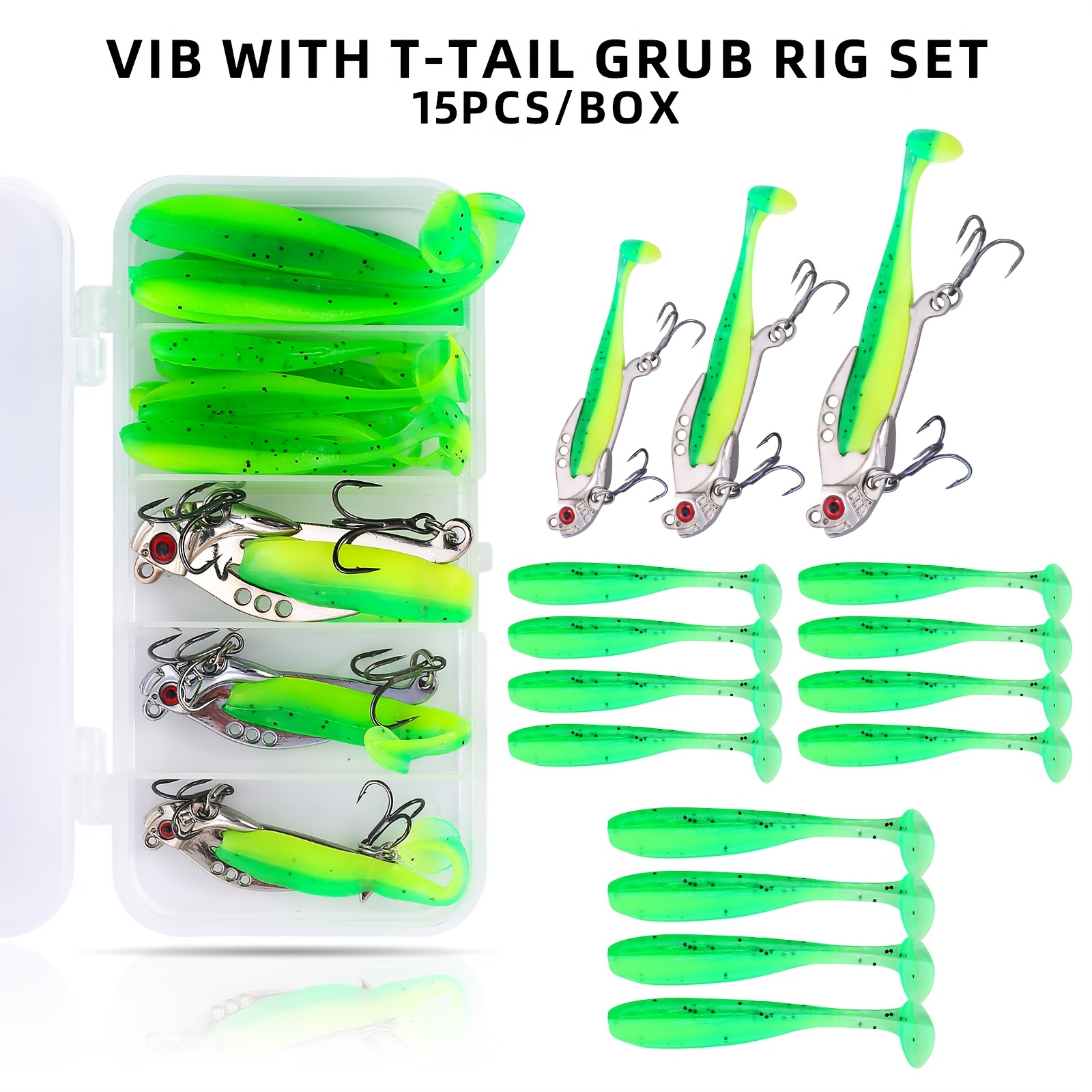 TEMU 15pcs/box Vib Lure With T-tail, Replacement Soft Bait Set, Slow-shake Vibration Long-cast Metal Flash Lure For Freshwater And Saltwater And Pale