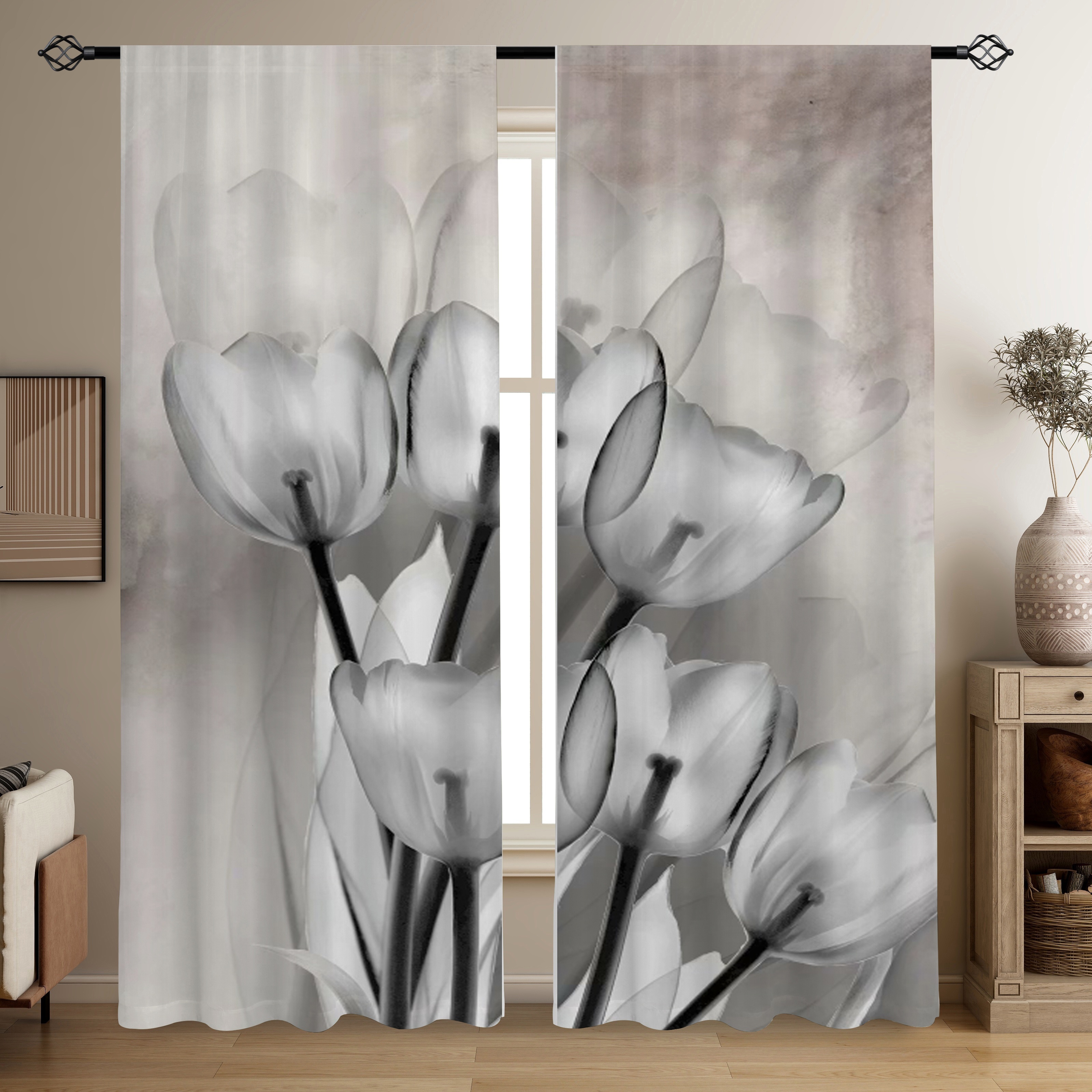 

2pcs, Gray Flower Printed Translucent Curtains, Multi-scene Polyester Rod Pocket Decorative Curtains For Living Room Game Room Bedroom Home Decor Party Supplies