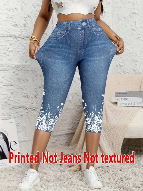 printed leggings not made of denim fabric womens three quarter pants with a denim print