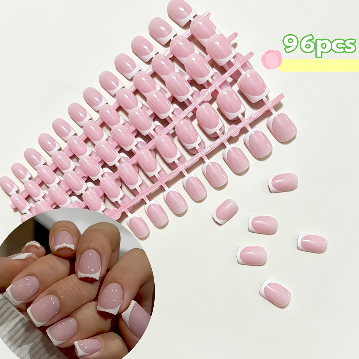 TEMU 96pcs Rectangular Artificial Nails, Classic Pink And White Full Coverage Glossy Press-on Nails, Perfect For Women And, Elegant Nail Design, An