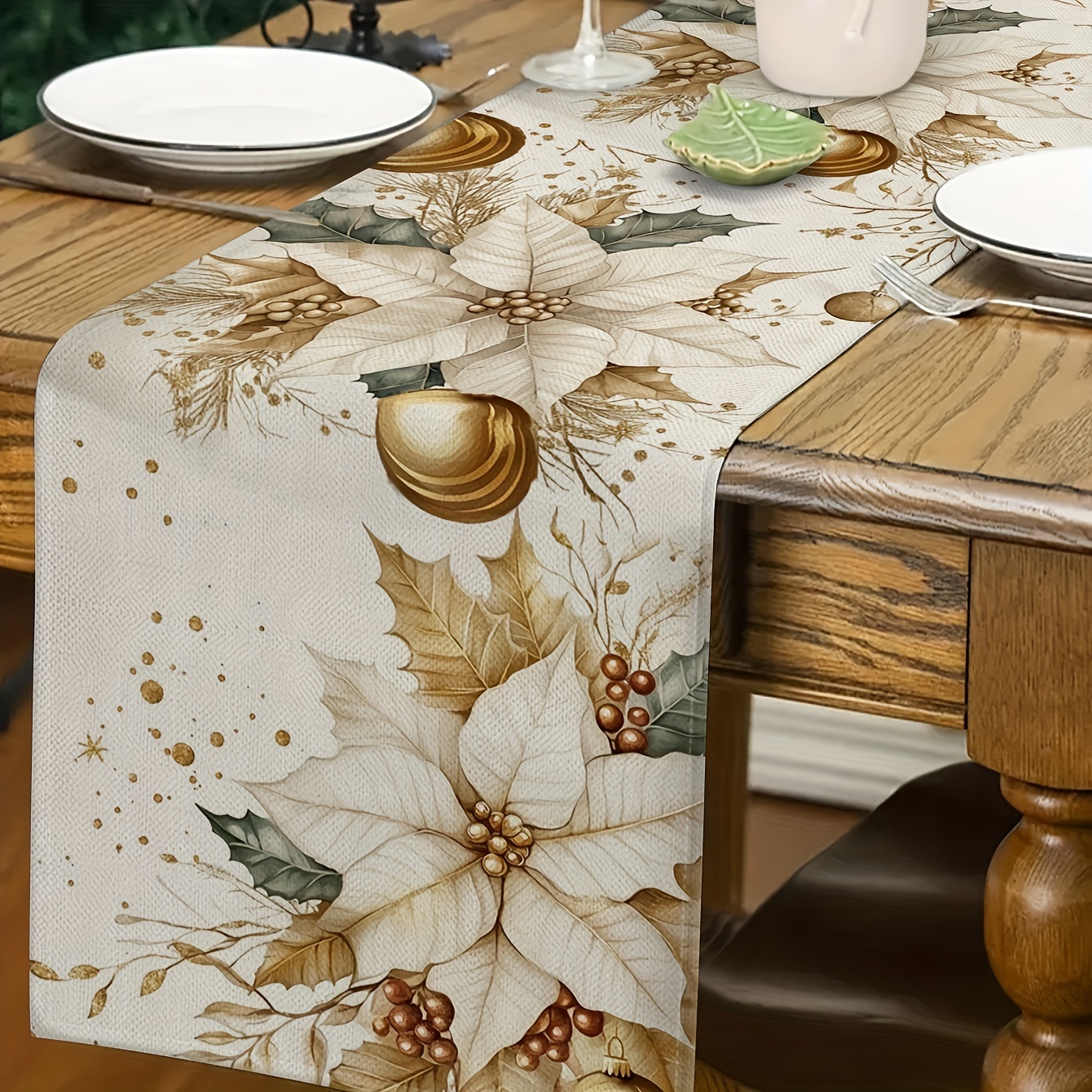 

Christmas Poinsettia And Bells Table Runner – Polyester, Machine-made Table Cover For Home, Kitchen, Outdoor, Garden, Holiday Parties, Dining Room Decor – Use Table Linen