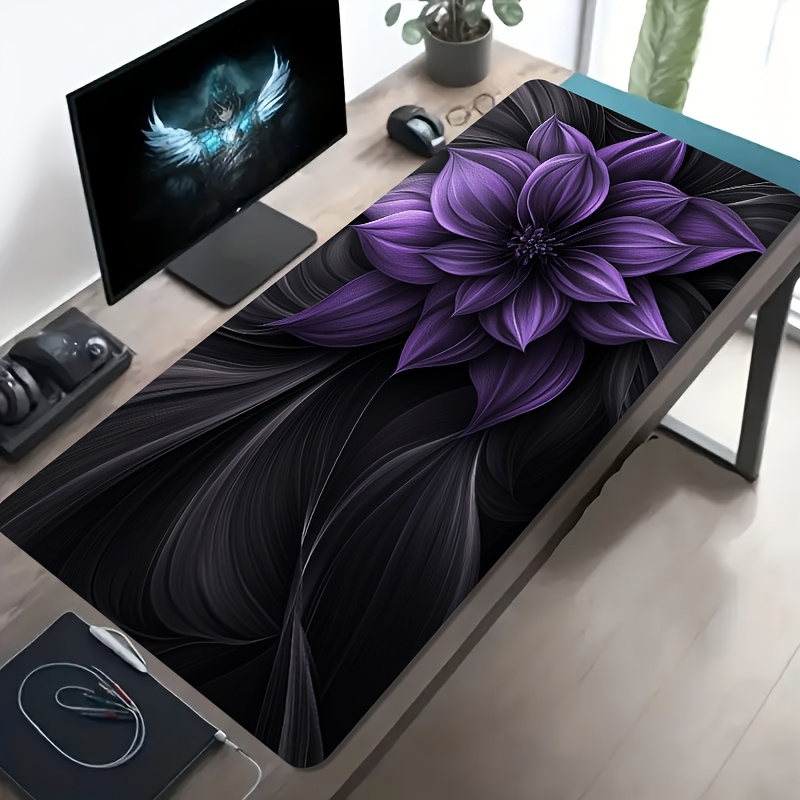 TEMU Large Oversized Gaming Mouse Pad Desk Mat With Purple Floral & Art Design, Non-slip Washable Base Suitable For Office Computer Desk, Pc Gaming