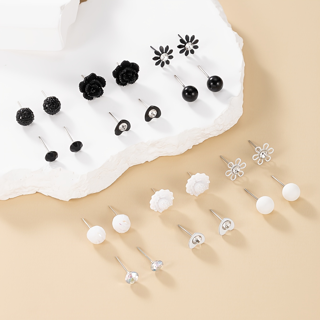 12-Pair Large Pack Small Simple Earrings, Heart & Round Flower Studs