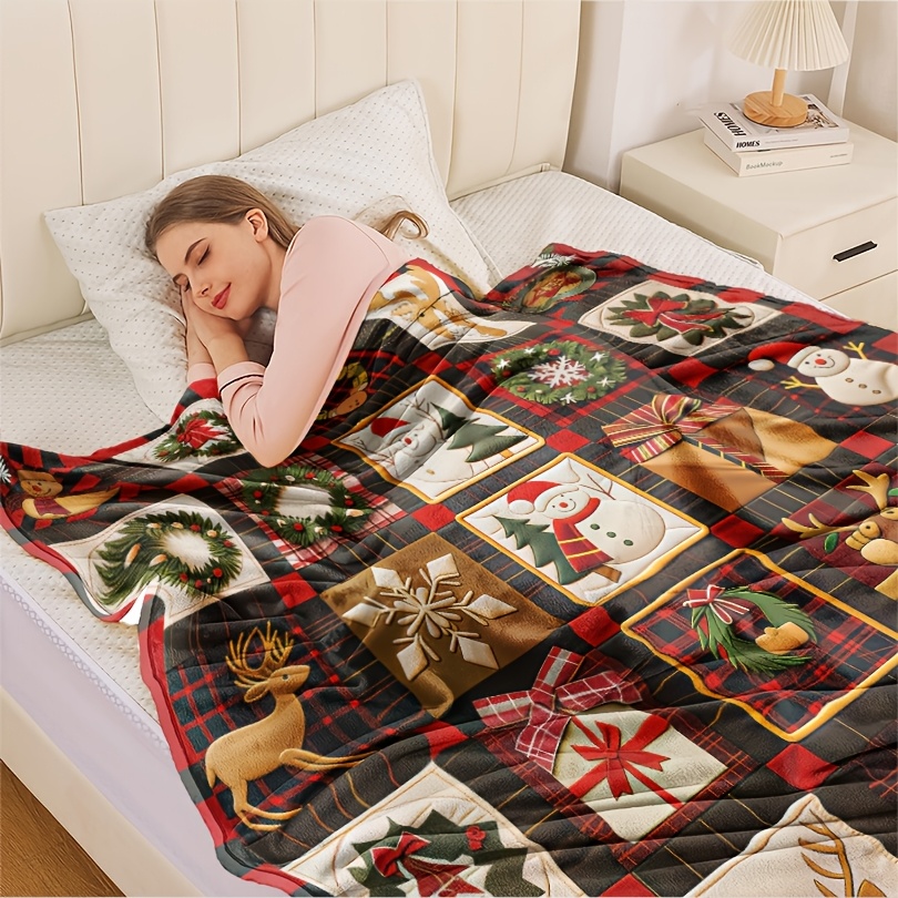 TEMU Couverture Vintage de Noël à Carreaux, Douce et Confortable en Flanelle avec Design Patchwork – pour Canapé, Lit, Voiture, Bureau, Camping et