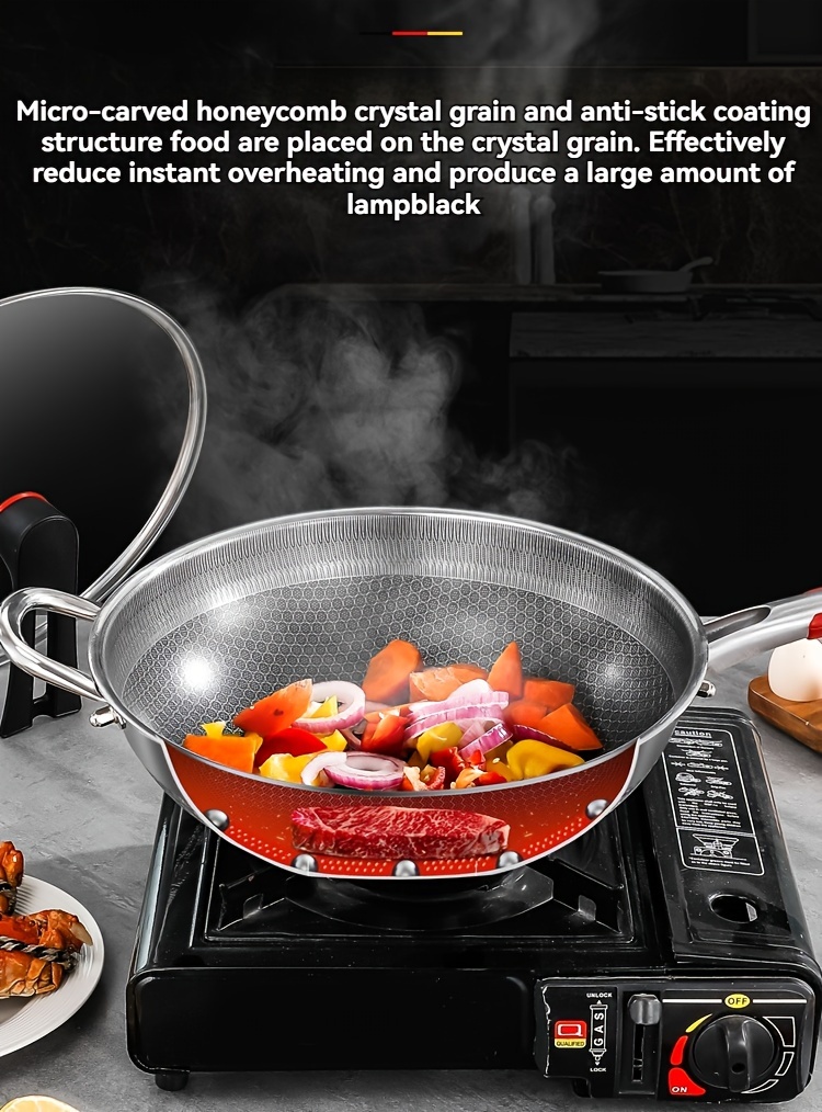 1pc honeycomb non stick stainless steel wok with glass lid 316 full screen anti scratch vertical pot cover dual anti stick shovels scratch resistant kitchen cooking tool for gas induction cookers details 5