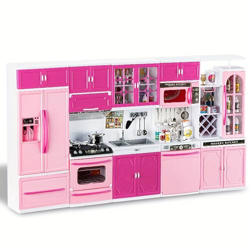 juego de cocina con luces y realistas para niños - casa de muñecas con muebles en miniatura rosa (64 piezas)