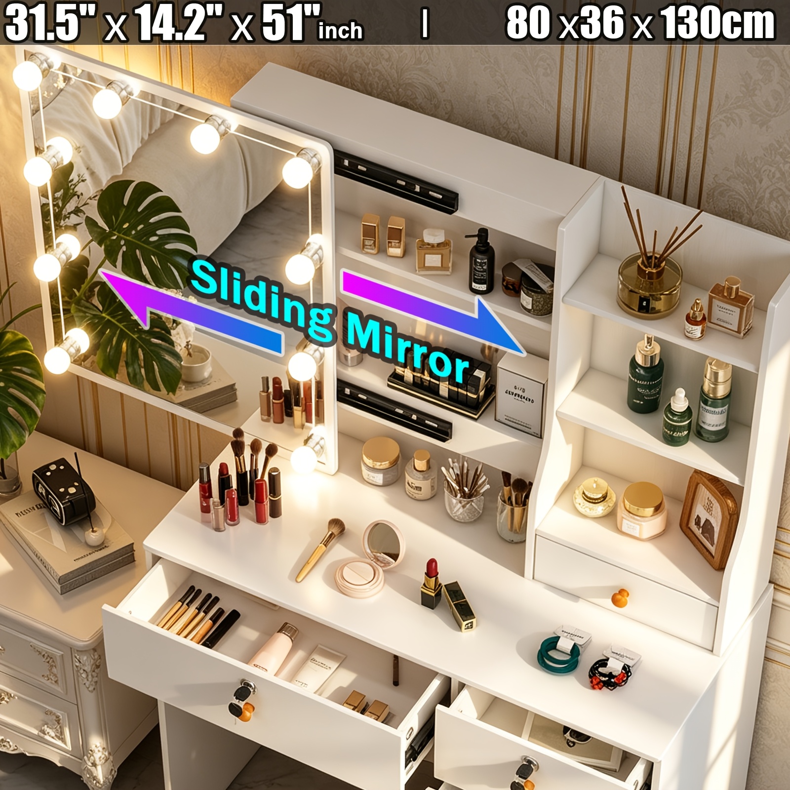 TEMU Modern Dressing Table With Lighted Sliding Mirror & Stool - 6-drawer Makeup Vanity Desk, Suitable For Bedroom, Mirror Suitable For, , Space-