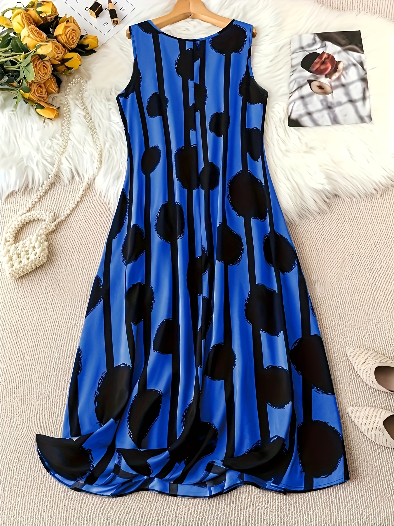 Large Women's Elegant Sleeveless Dress Casual Print Round Neck Dress