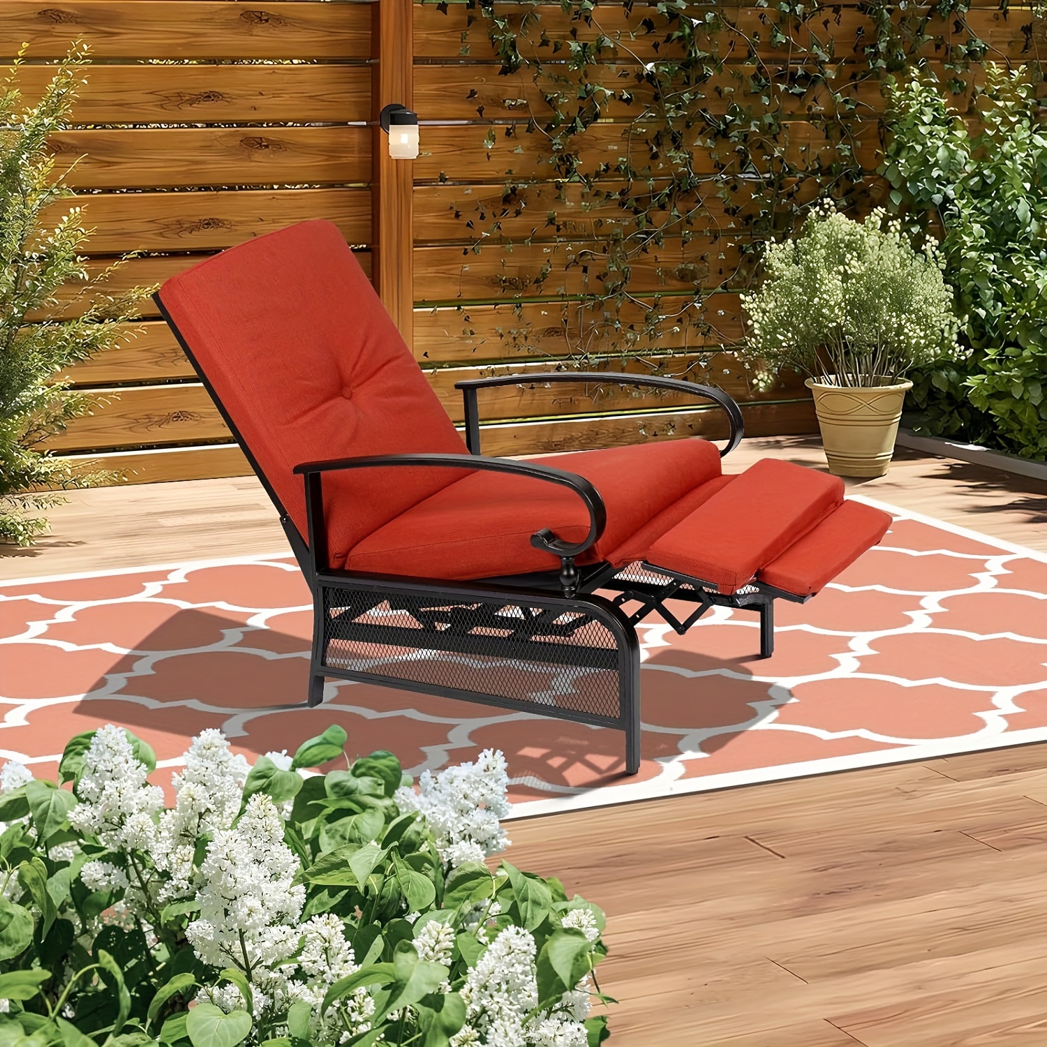 

Outdoor Recliner Adjustable Backrest Lounge Chair With Black Metal Frame & Removable Cushions For Porch, Backyard, Pool Or Garden, Red