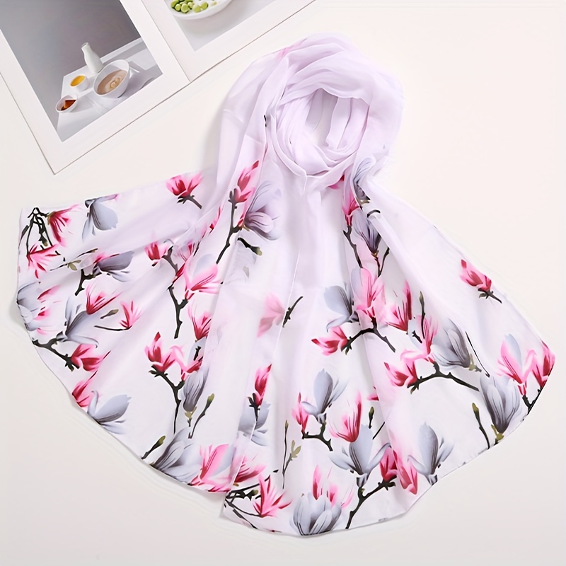 

Women's Elegant Floral Print Scarf, Lightweight Shawl Wrap, Sun Protection Soft Chiffon Scarf, Long Accessory For Ladies