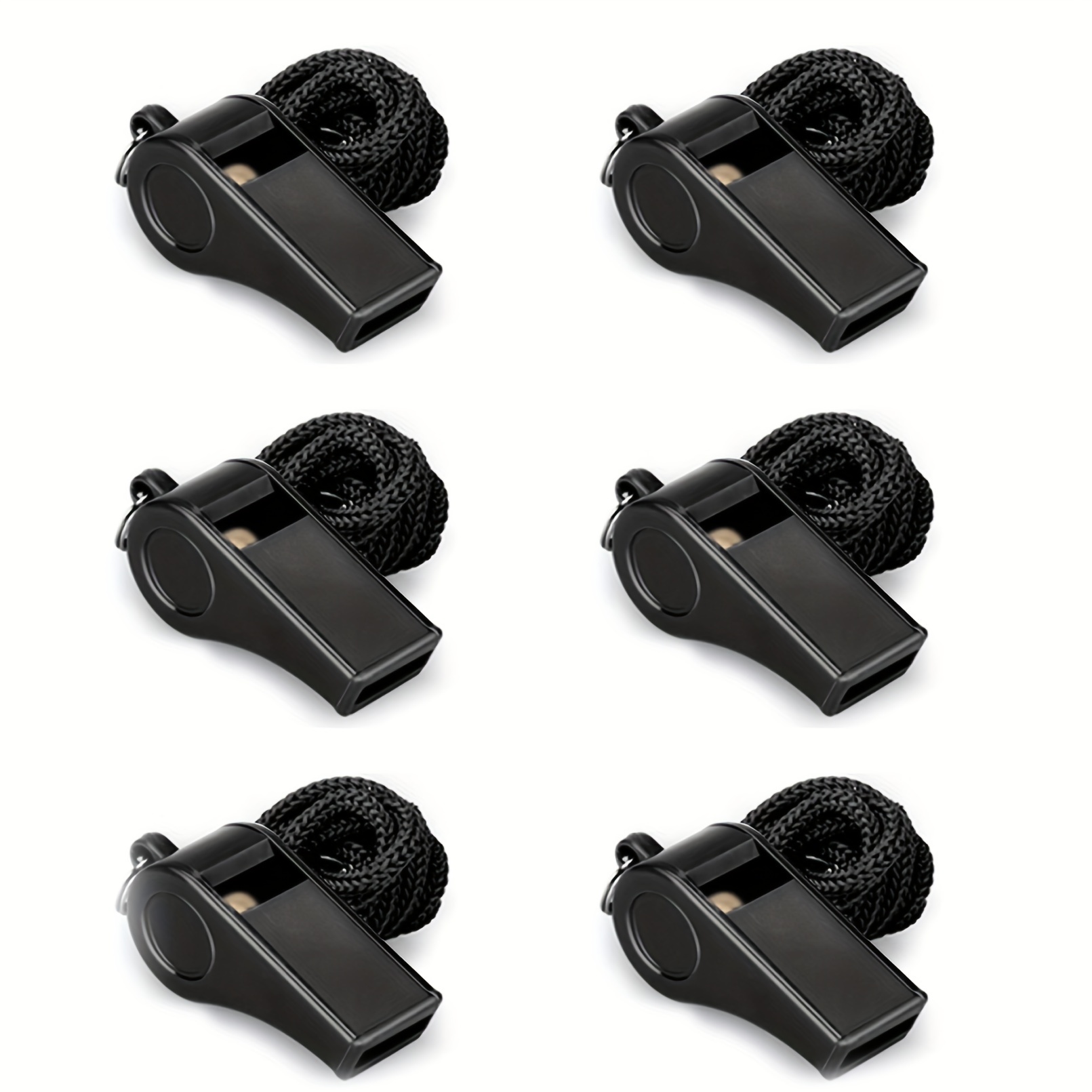6pcs Black Plastic Sports Whistles With Lanyards - Loud, For & Referees